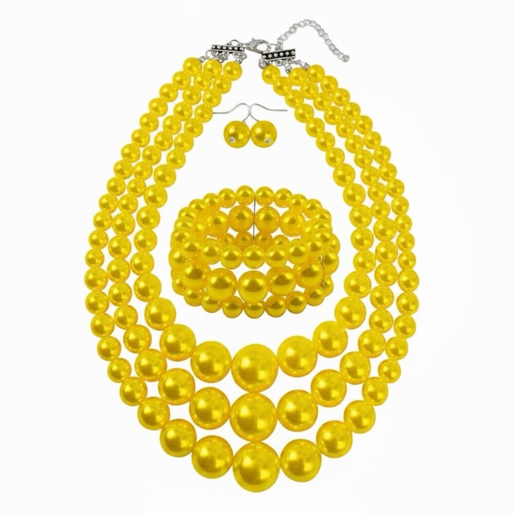 3 Layer Simulated Pearl Statement 18" Necklace Bracelet and Earrings